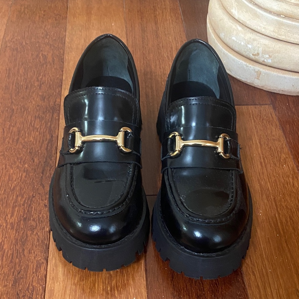 Steve Madden Black Patent Loafers with Gold Hardware